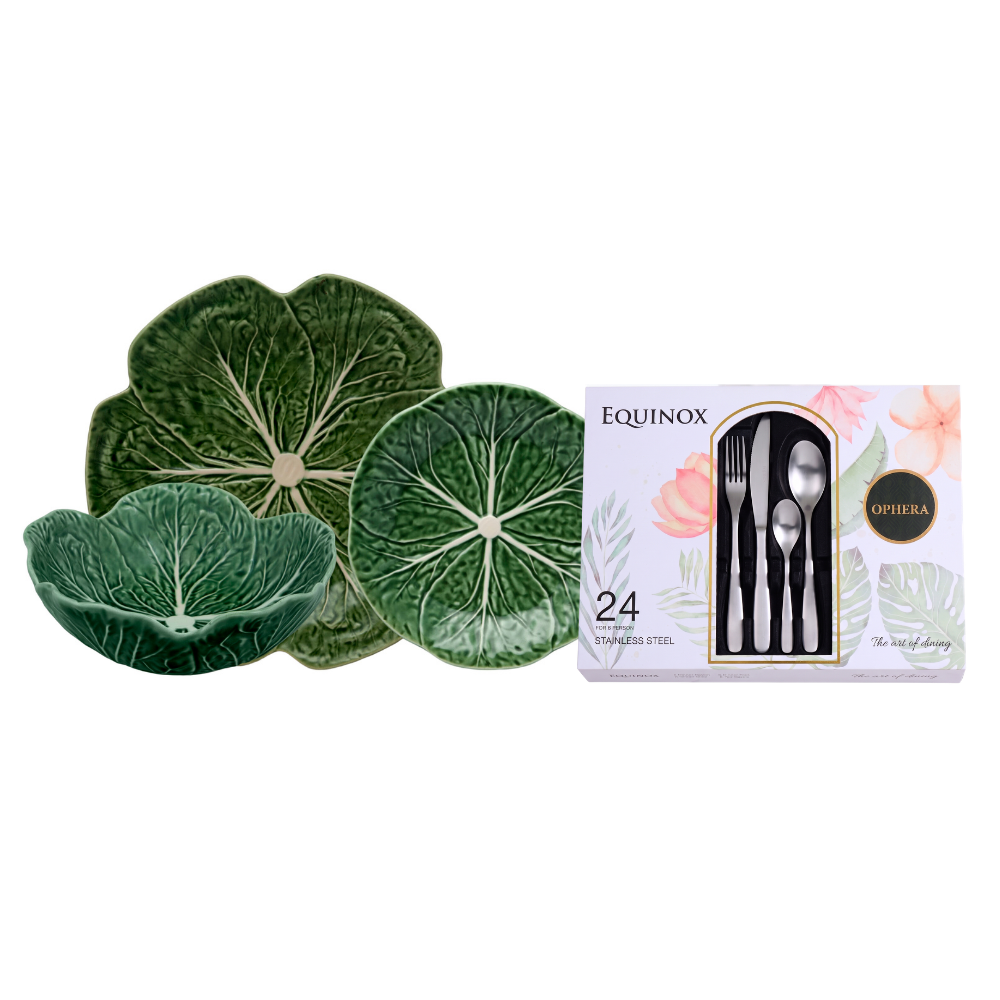 Bordallo Green Cabbage 18Pcs Dinner Set + Cutlery Bundle (For 6 Person)