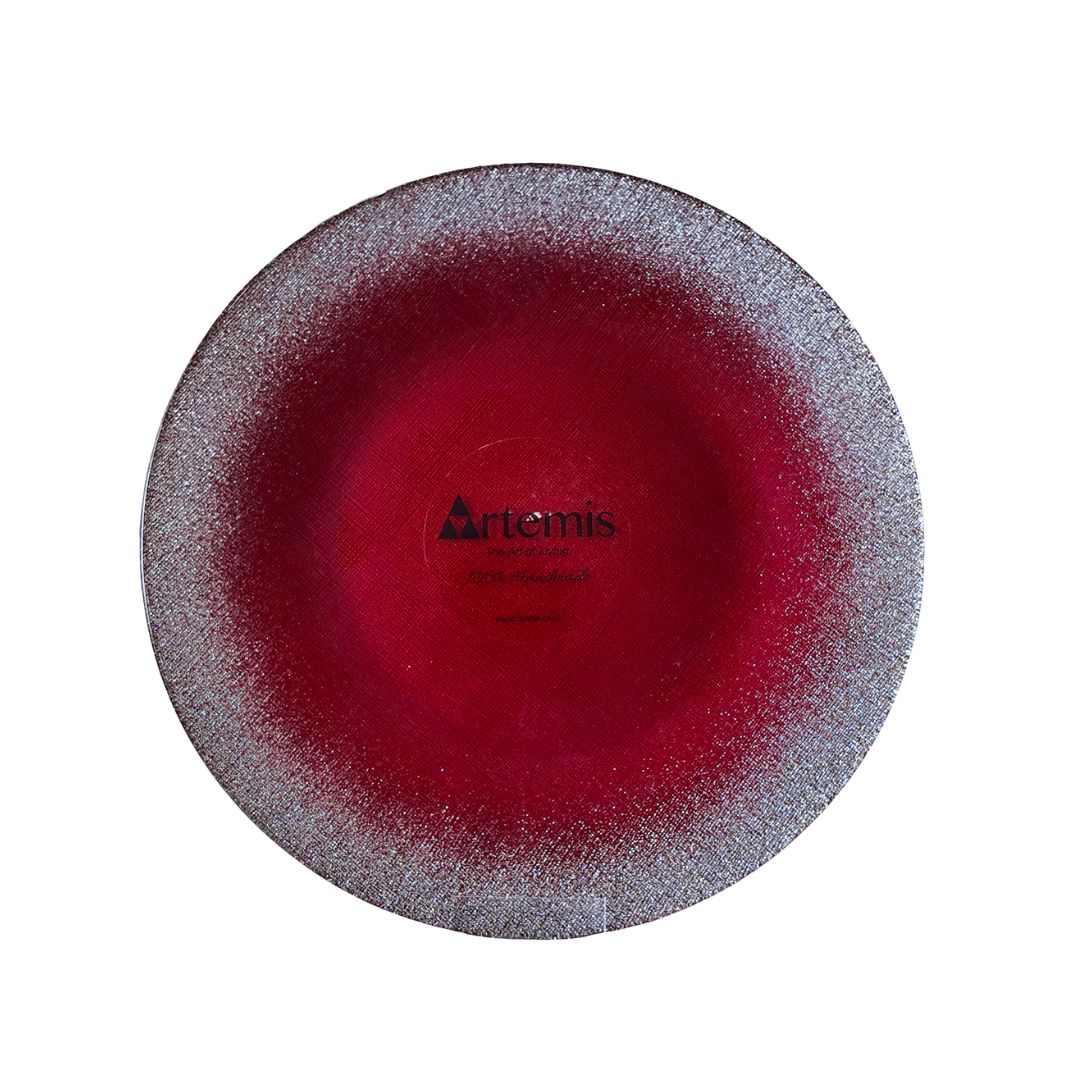 Charger Plate 33CM Silver Glitter Border Bright Red