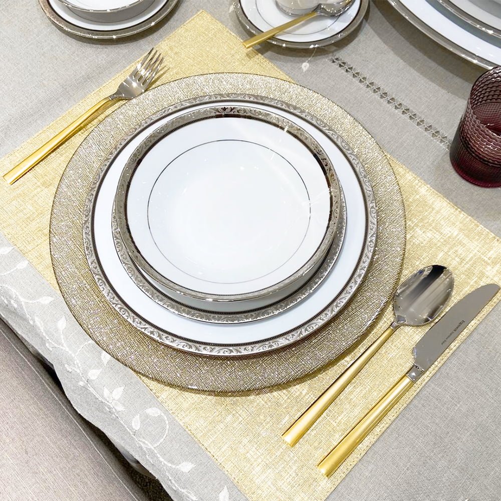 CHARGER PLATE 33 CM ROUND - G011 SILVER GLITTER &amp; M014 WHITE PEARL